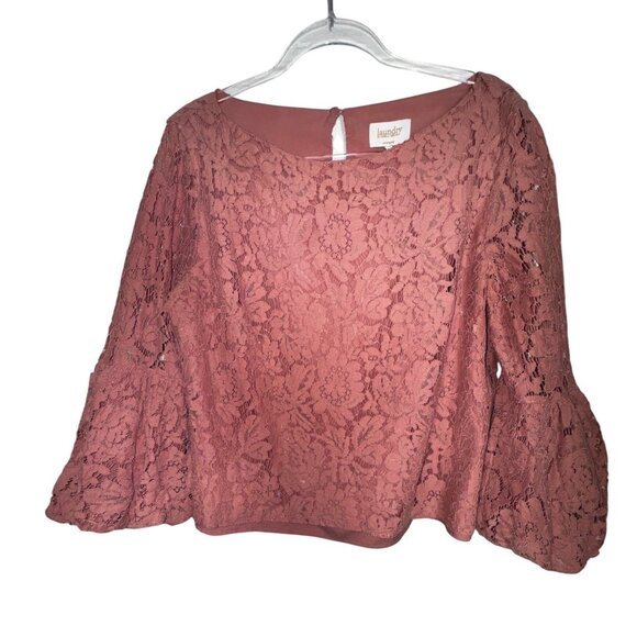 Laundry By Shelli Segal Pink Mauve Lace Bell Sleeve Top Shirt Blouse Large Boho - Picture 4 of 13